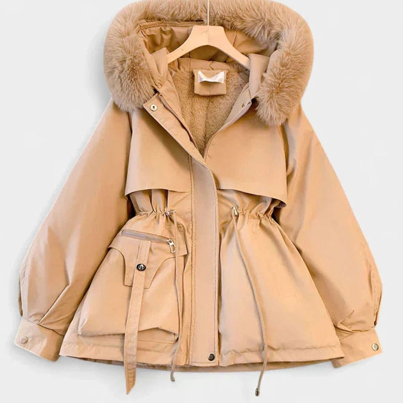 Fleece Lined Winter Jacket for Women with Faux Fur Hood and Cinched Waist in Khaki, front view