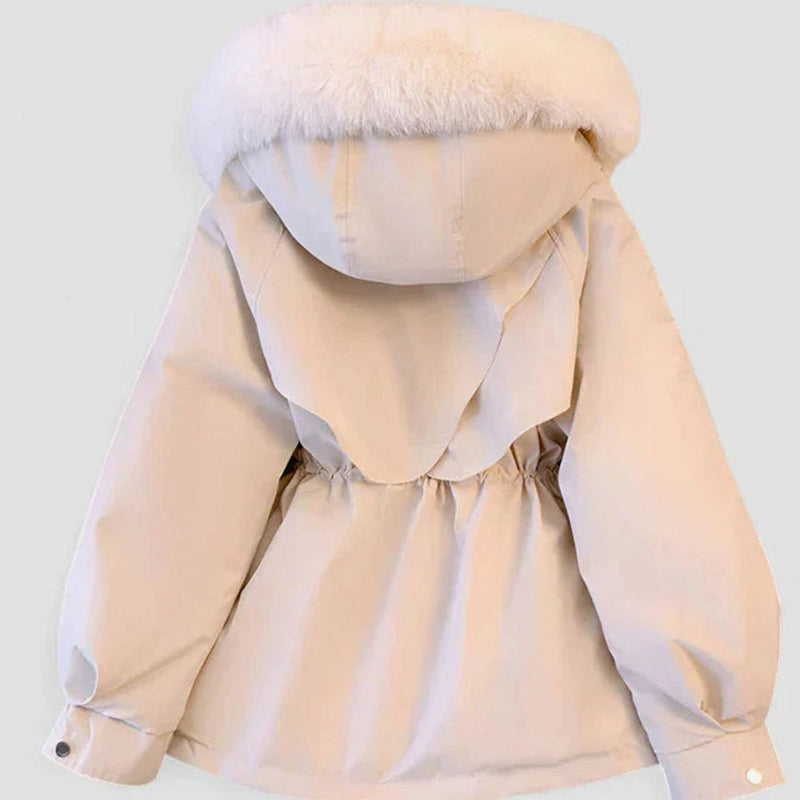 Fleece Lined Winter Jacket for Women with Faux Fur Hood and Cinched Waist in White, back view