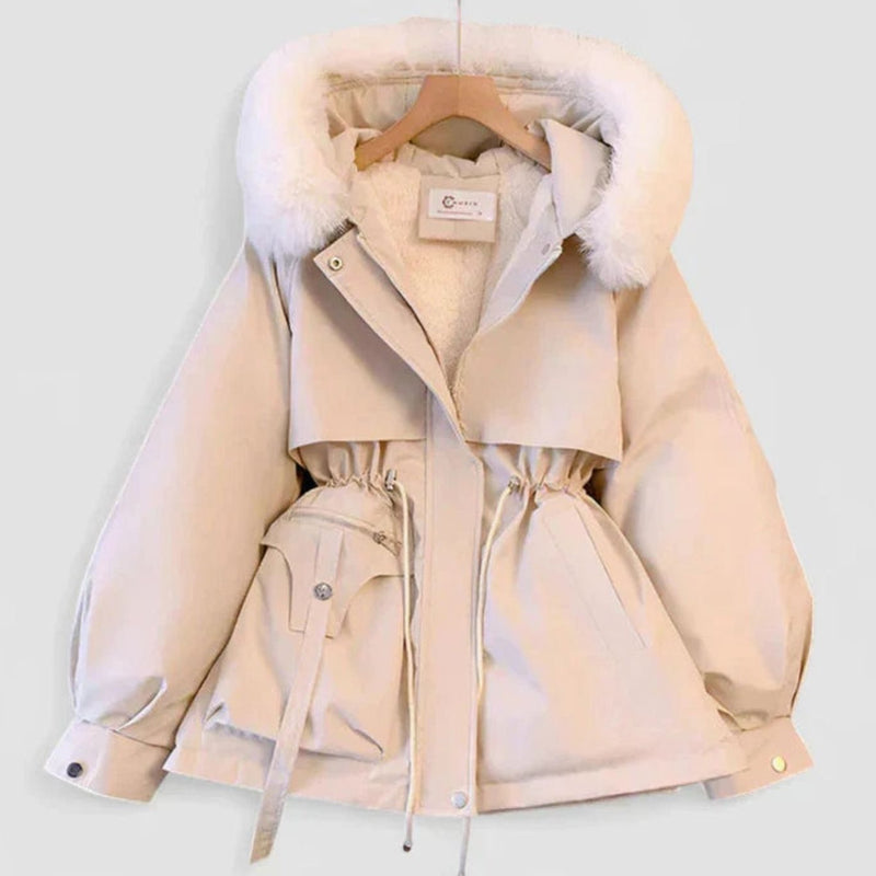 Fleece Lined Winter Jacket for Women with Faux Fur Hood and Cinched Waist in White, front view