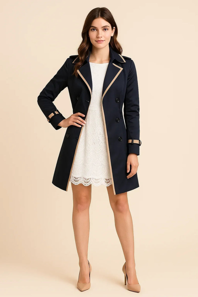 Piped Double Breasted Trench Coat for Women with Buckled Cuff Straps in Navy Blue, front view