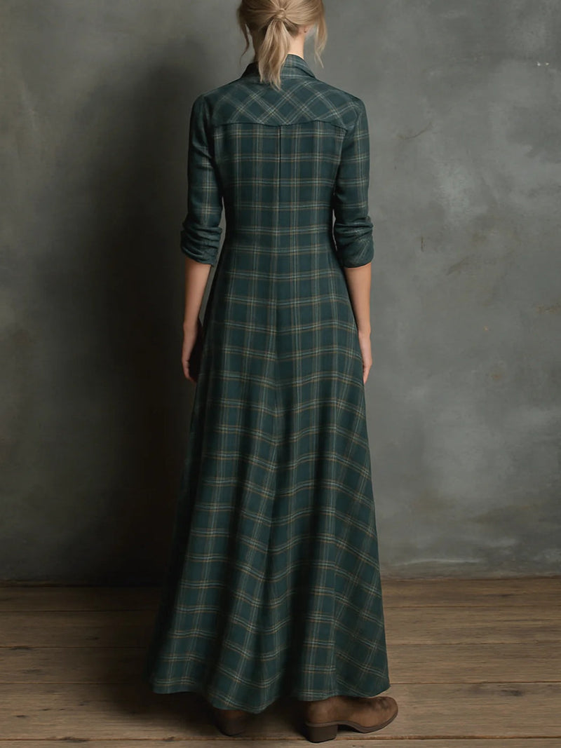 Plaid Maxi Shirt Dress for Women with Lapel Collar and Flap Pockets in Green, back view