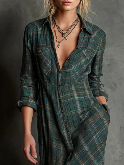 Plaid Maxi Shirt Dress for Women with Lapel Collar and Flap Pockets in Green, close-up
