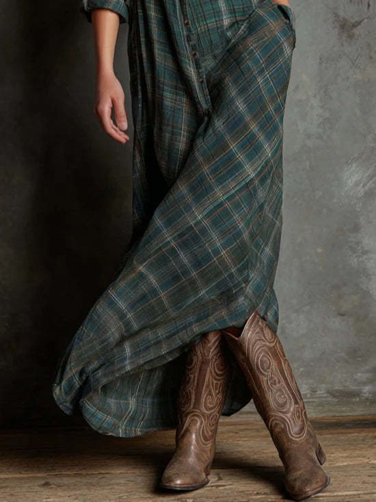 Plaid Maxi Shirt Dress for Women with Lapel Collar and Flap Pockets in Green, skirt detail