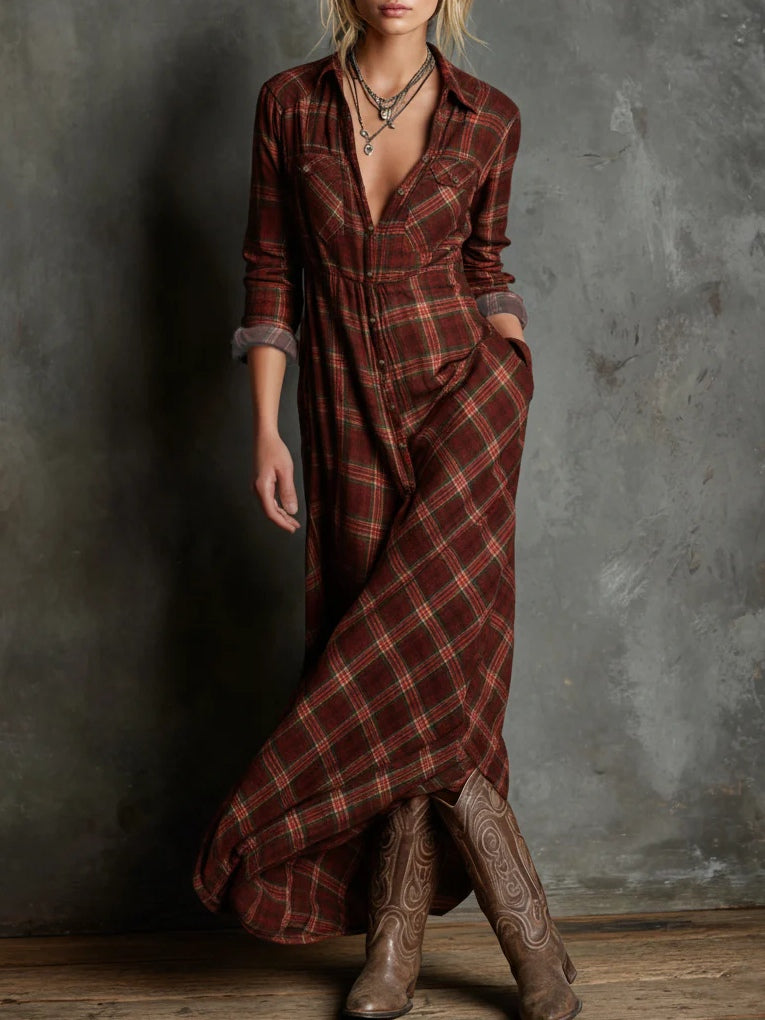 Plaid Maxi Shirt Dress for Women with Lapel Collar and Flap Pockets in Reddish Brown, front view