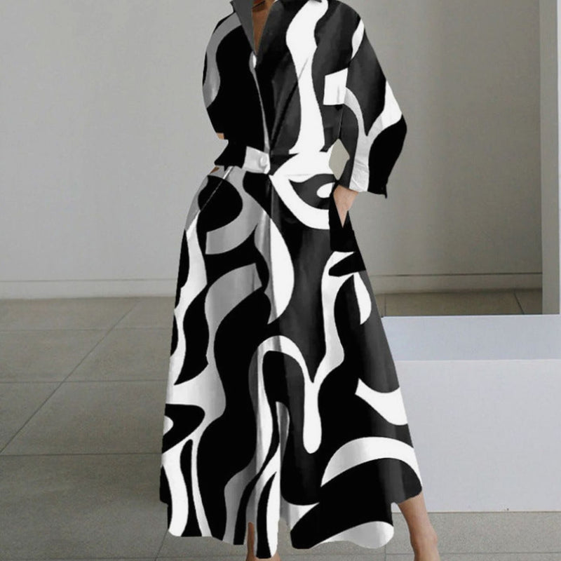 Collared Maxi Shirt Dress for Women with Cinched Waist and Pockets in Black Abstract Print, front view