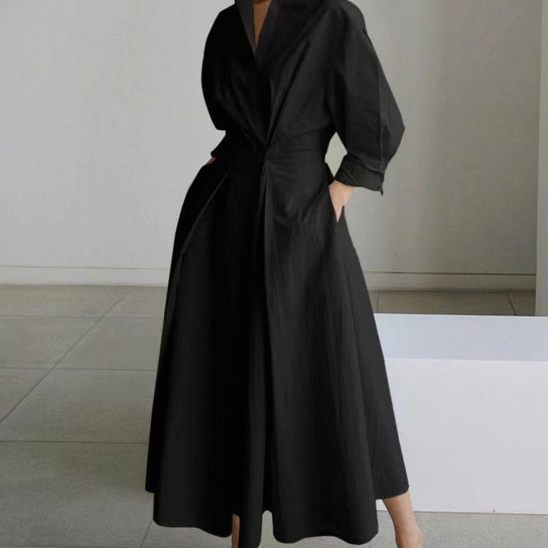 Collared Maxi Shirt Dress for Women with Cinched Waist and Pockets in Black, front view