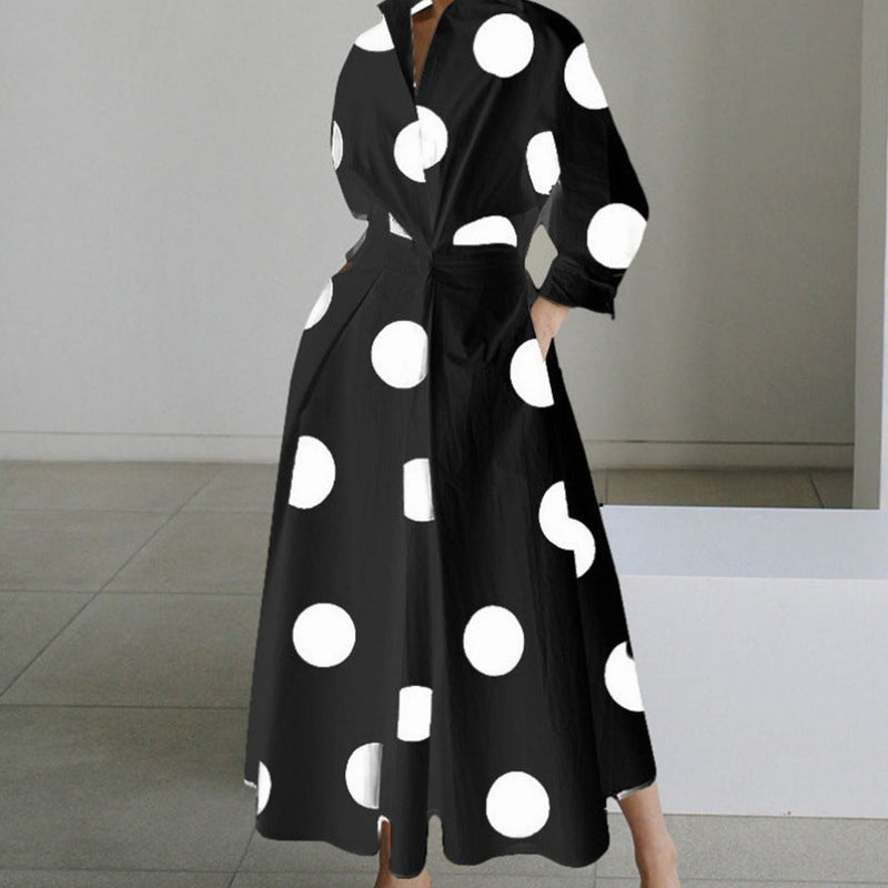 Collared Maxi Shirt Dress for Women with Cinched Waist and Pockets in Black Polka Dot, front view