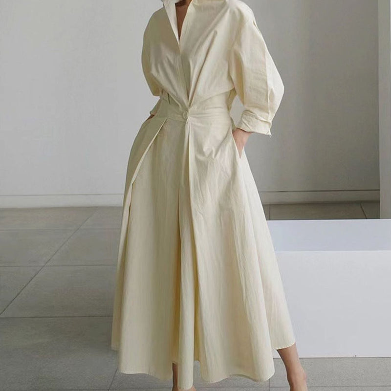 Collared Maxi Shirt Dress for Women with Cinched Waist and Pockets in Cream, front view