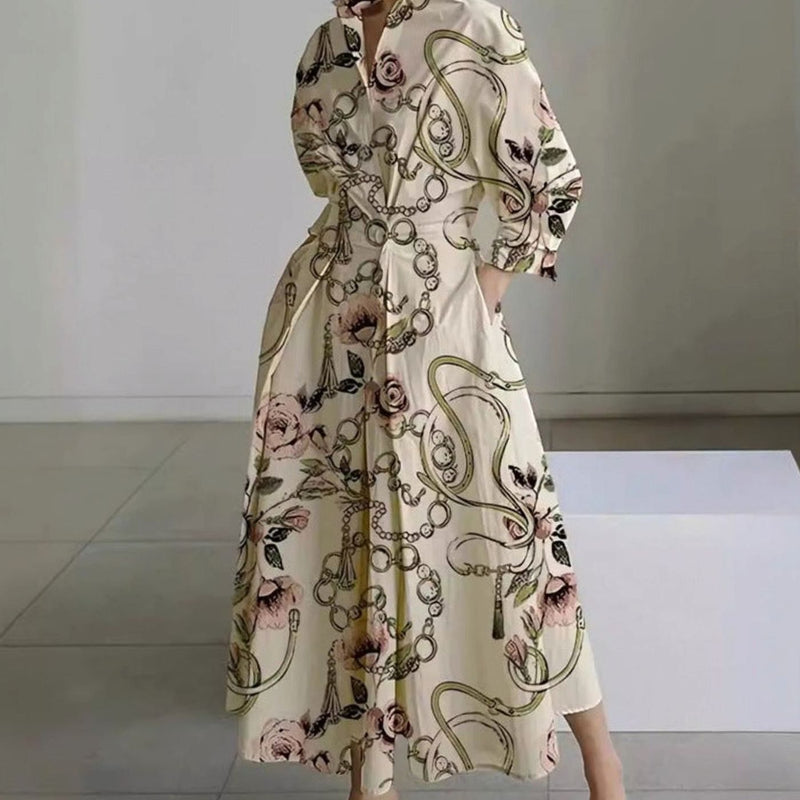 Collared Maxi Shirt Dress for Women with Cinched Waist and Pockets in Gold Chain Print, front view