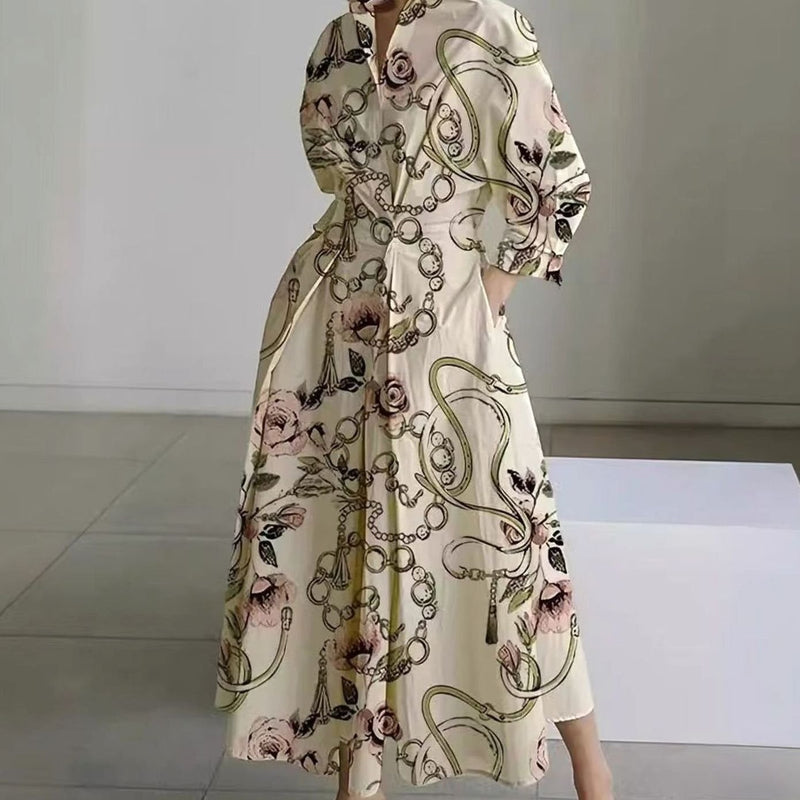 Collared Maxi Shirt Dress for Women with Cinched Waist and Pockets in Gold Chain Print, side view