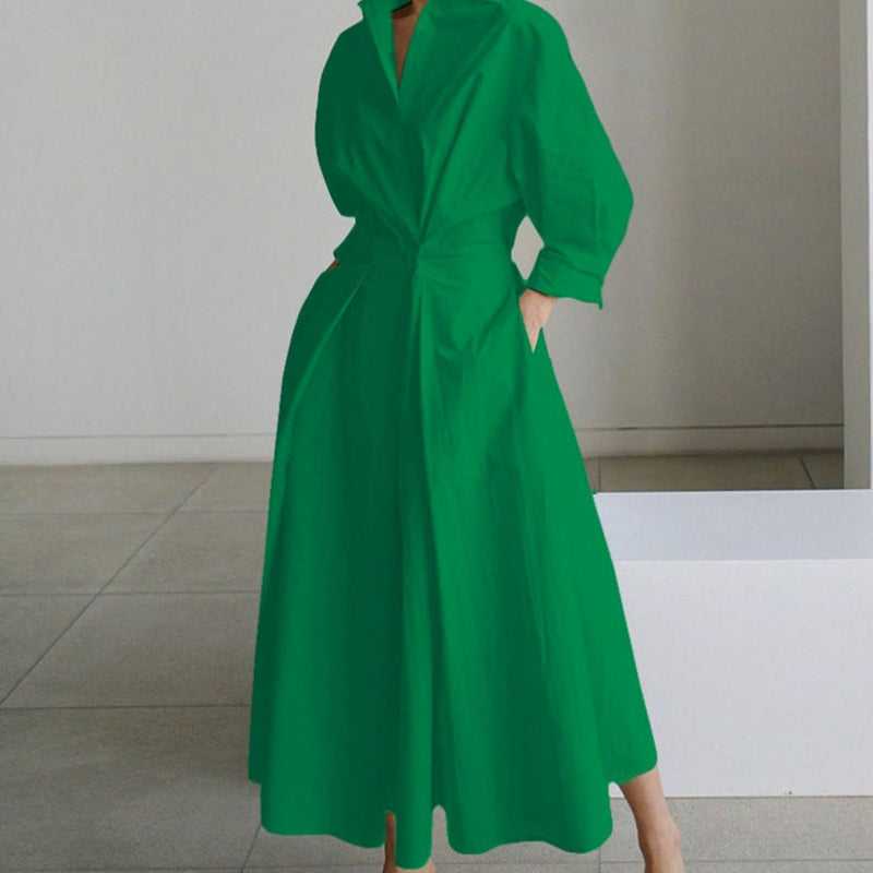 Collared Maxi Shirt Dress for Women with Cinched Waist and Pockets in Green, front view