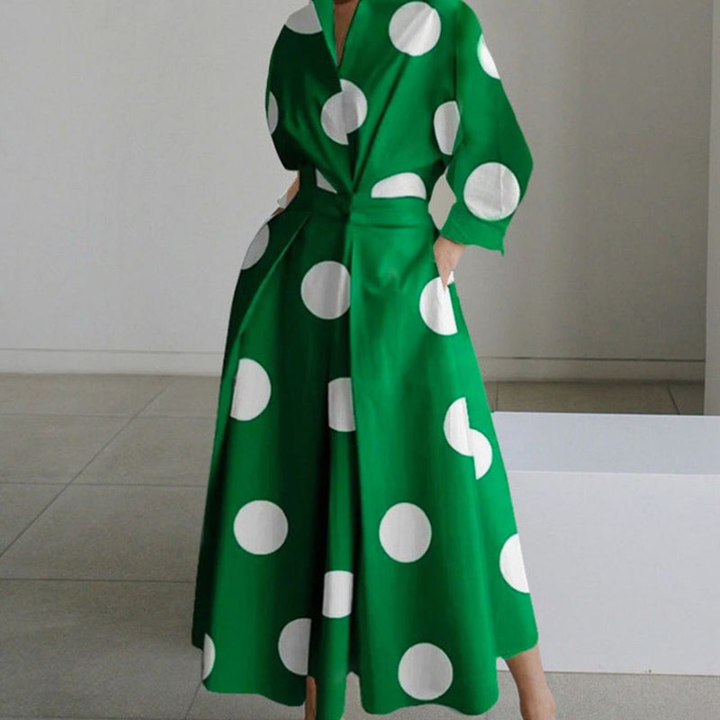 Collared Maxi Shirt Dress for Women with Cinched Waist and Pockets in Green Polka Dot, front view