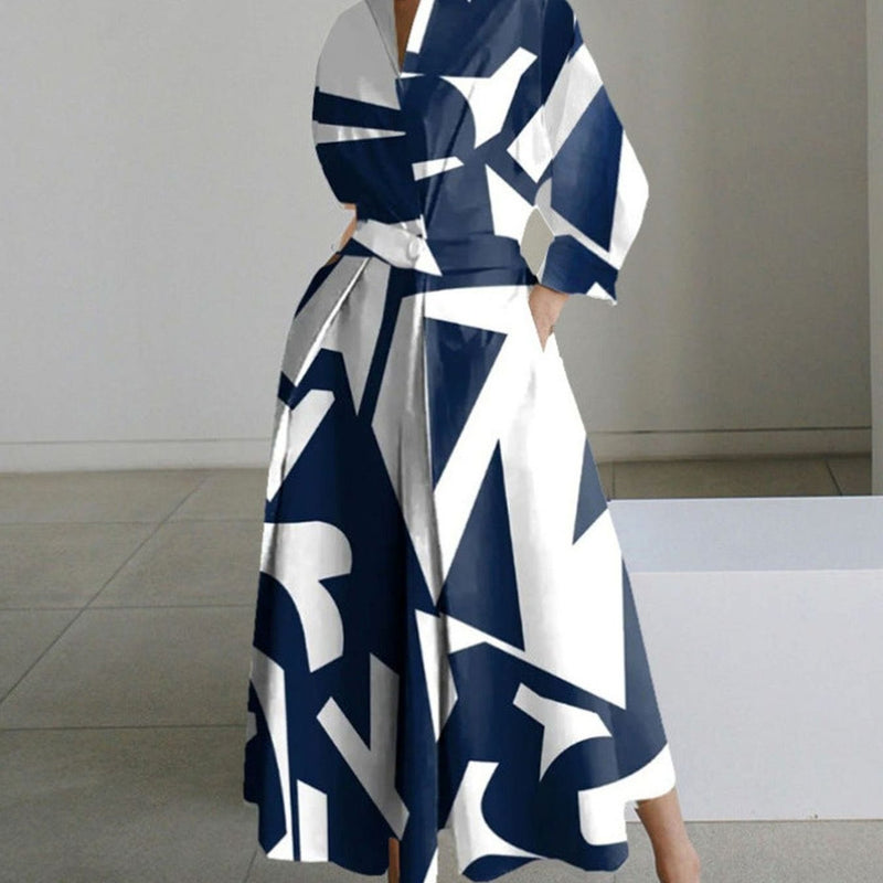 Collared Maxi Shirt Dress for Women with Cinched Waist and Pockets in Navy Geometric Print, front view