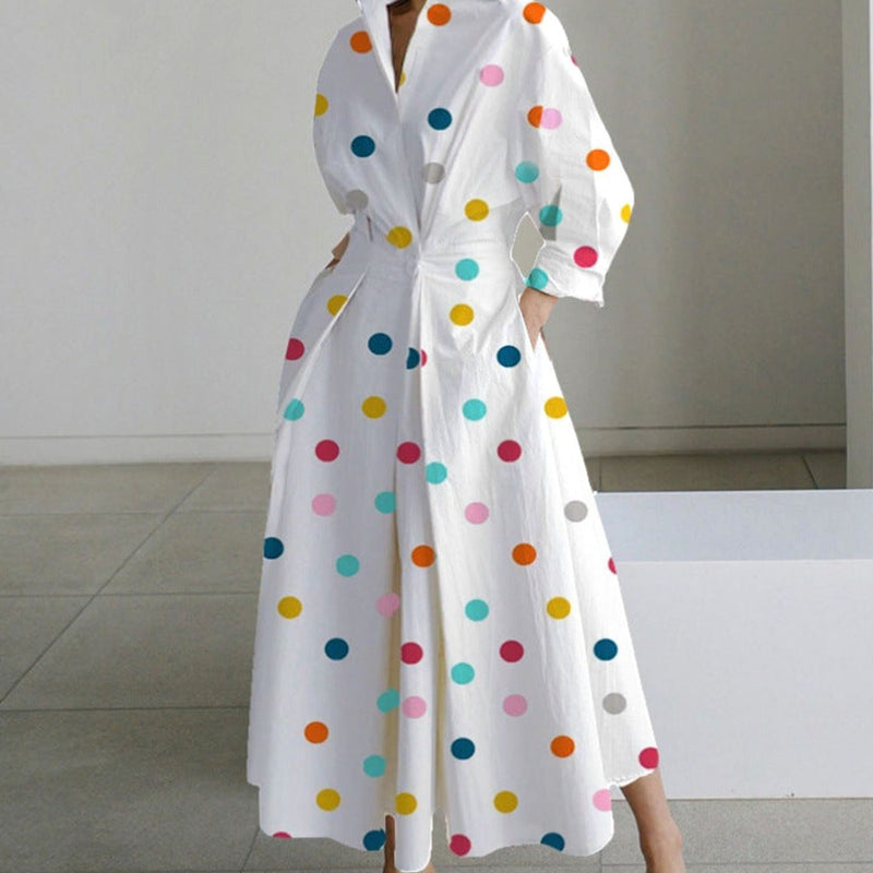 Collared Maxi Shirt Dress for Women with Cinched Waist and Pockets in Rainbow Polka Dot, front view