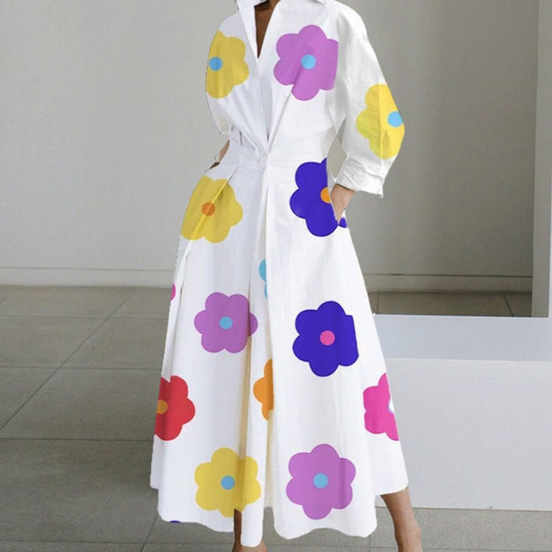 Collared Maxi Shirt Dress for Women with Cinched Waist and Pockets in White Floral, front view