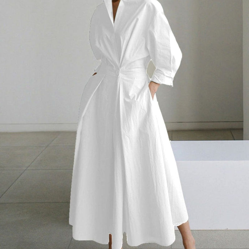 Collared Maxi Shirt Dress for Women with Cinched Waist and Pockets in White, front view