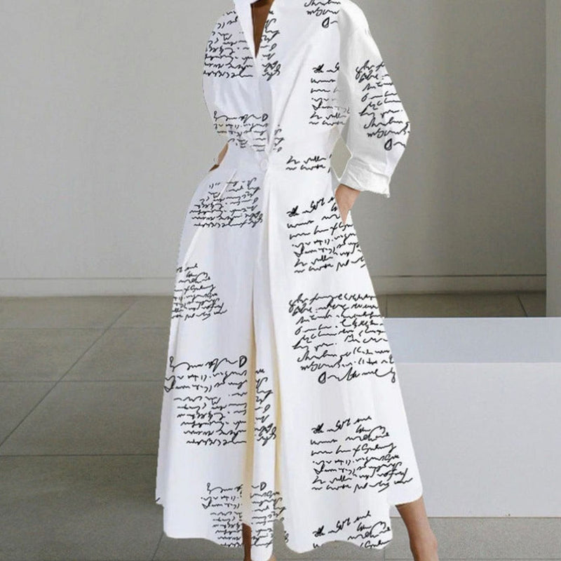 Collared Maxi Shirt Dress for Women with Cinched Waist and Pockets in White Letter Print, front view