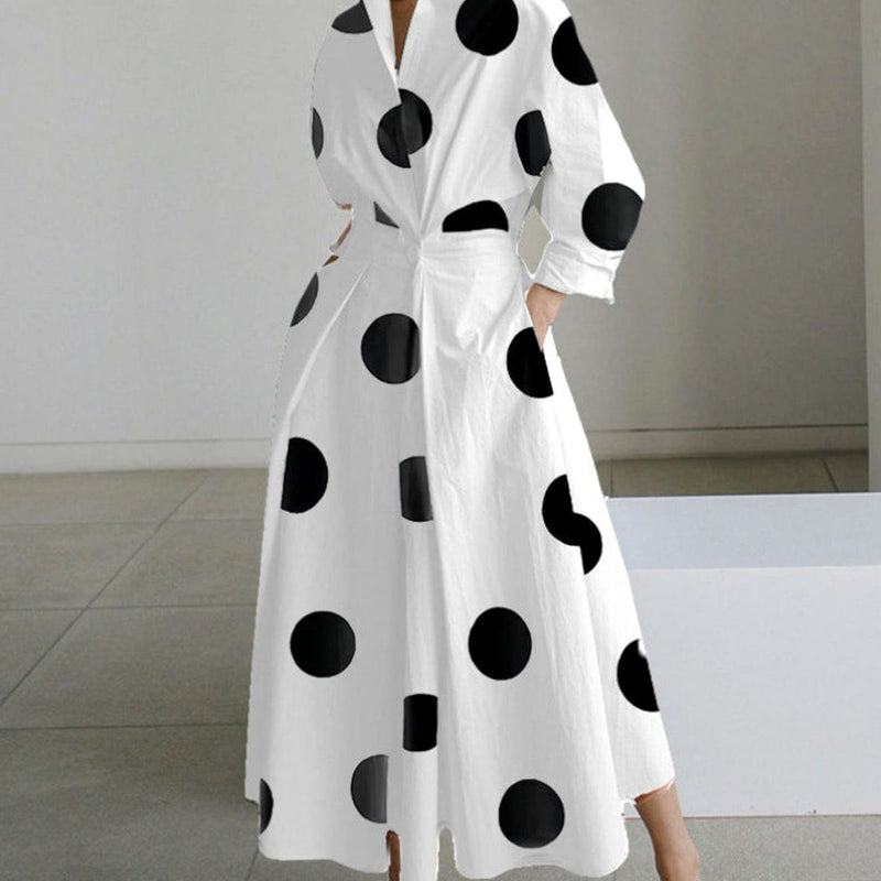 Collared Maxi Shirt Dress for Women with Cinched Waist and Pockets in White Polka Dot, front view