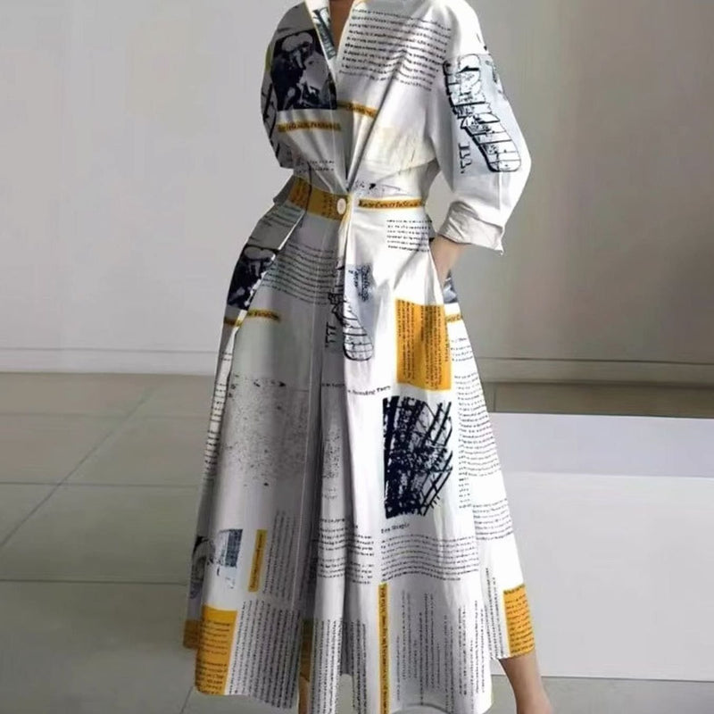 Collared Maxi Shirt Dress for Women with Cinched Waist and Pockets in Yellow Newspaper Print, full length view