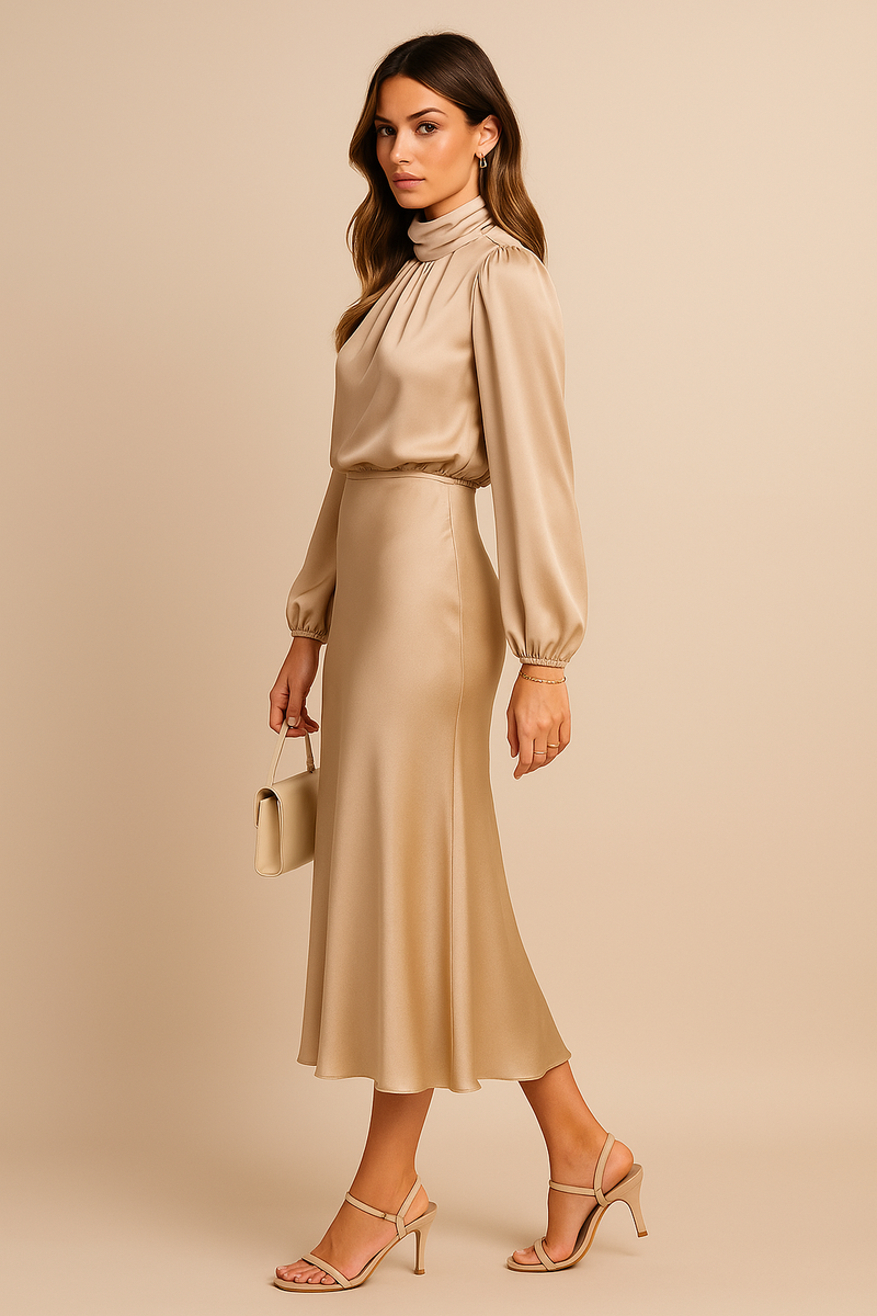 Satin Mock Neck Midi Dress for Women with Long Balloon Sleeves in Beige, side view