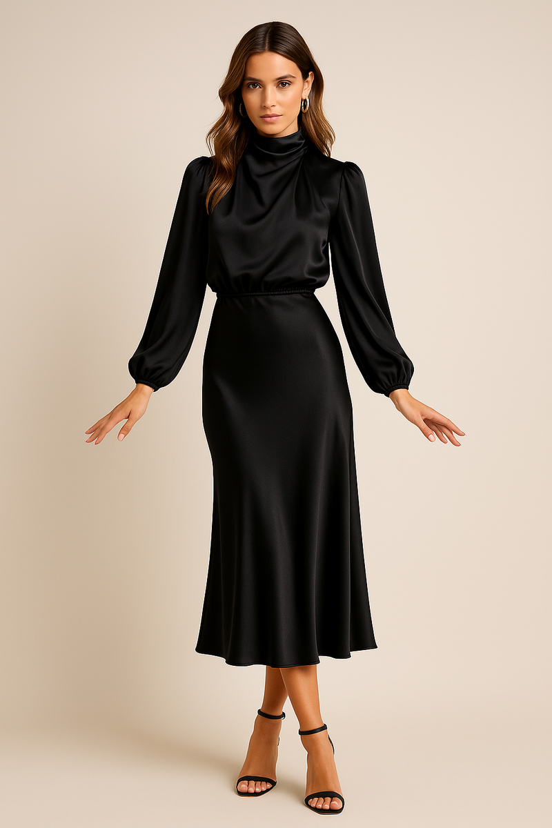 Satin Mock Neck Midi Dress for Women with Long Balloon Sleeves in Black, front view