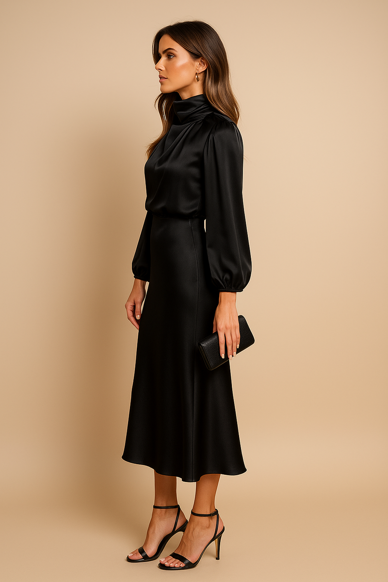 Satin Mock Neck Midi Dress for Women with Long Balloon Sleeves in Black, side view
