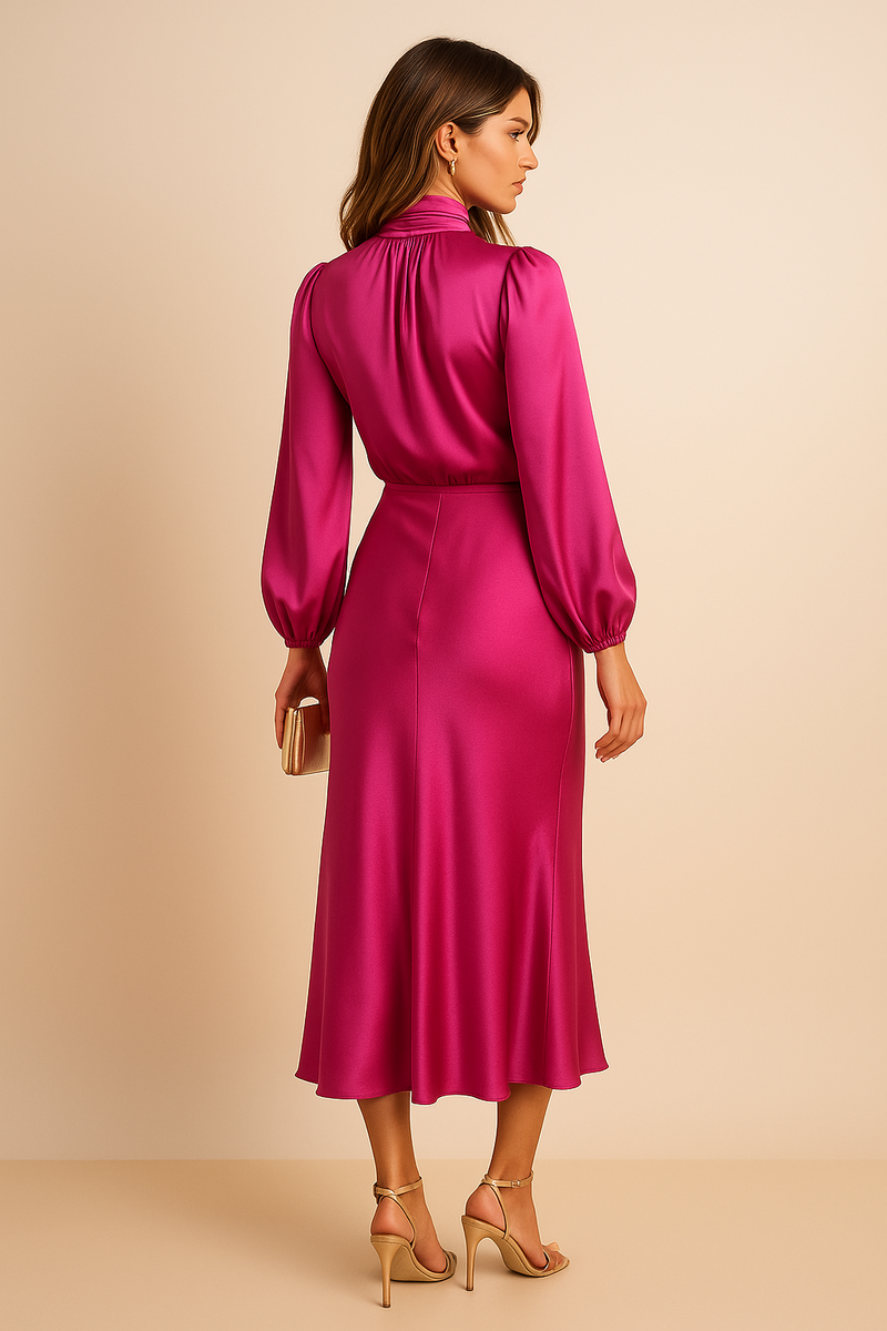 Satin Mock Neck Midi Dress for Women with Long Balloon Sleeves in Rose Red, back view