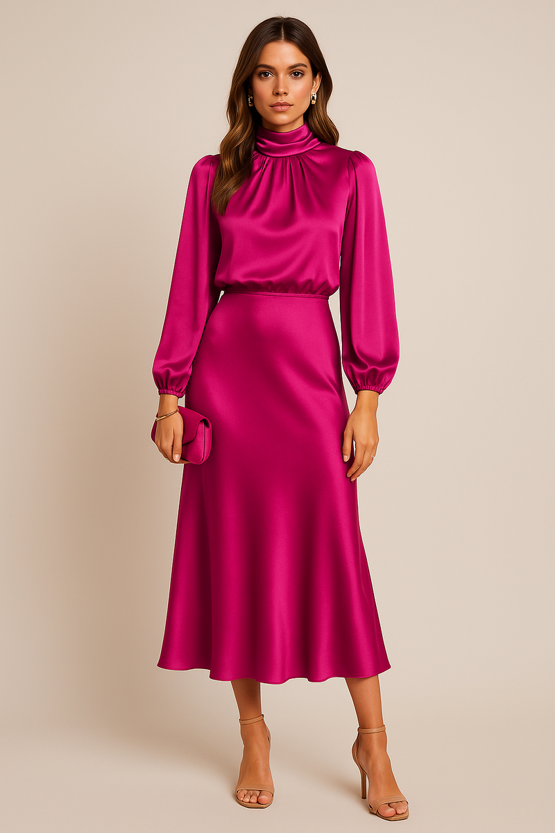 Satin Mock Neck Midi Dress for Women with Long Balloon Sleeves in Rose Red, front view