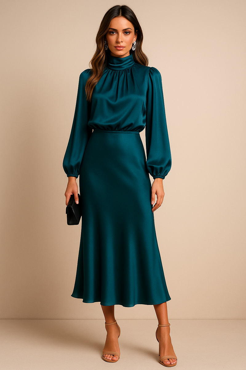 Satin Mock Neck Midi Dress for Women with Long Balloon Sleeves in Teal, front view