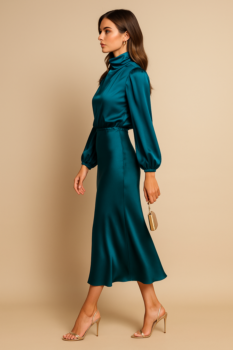 Satin Mock Neck Midi Dress for Women with Long Balloon Sleeves in Teal, side view