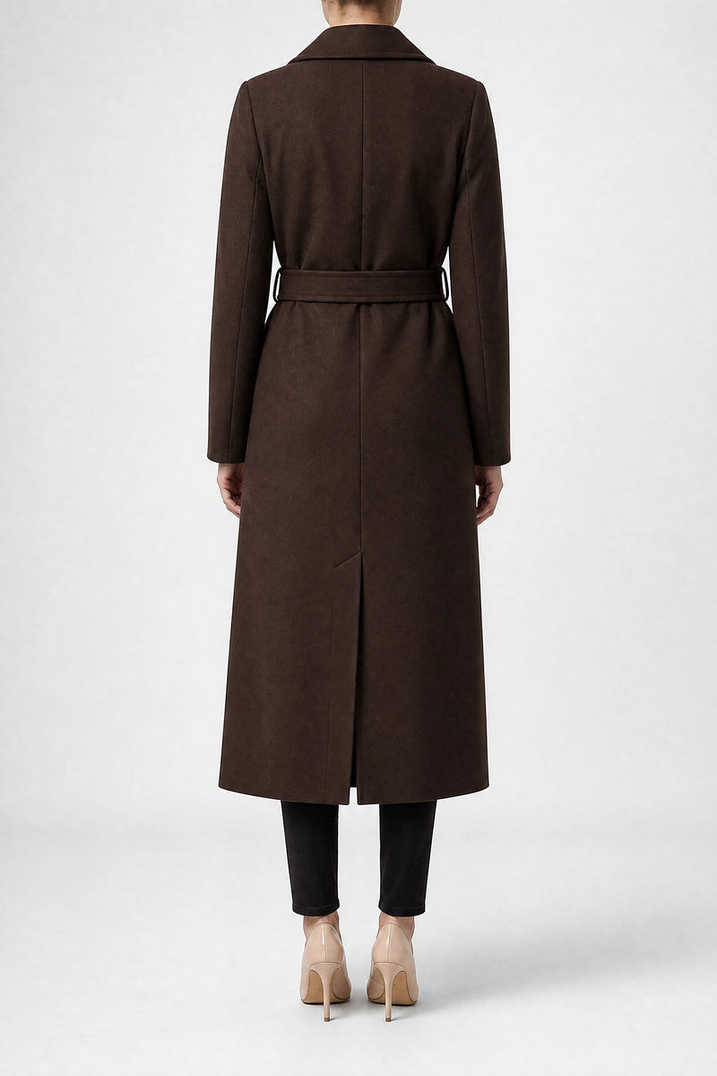 Sofaine Marisol women's double-breasted coat in Dark Brown, back view
