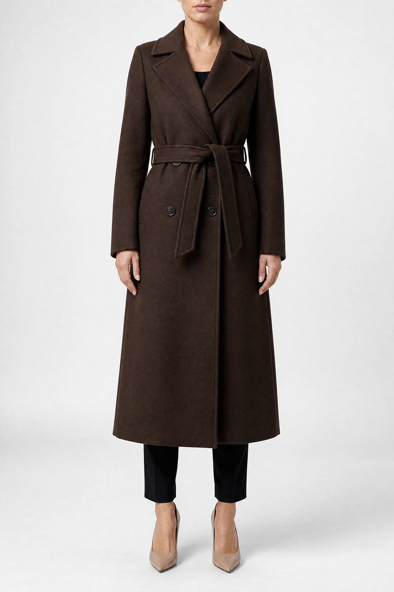 Sofaine Marisol women's double-breasted coat in Dark Brown, front view