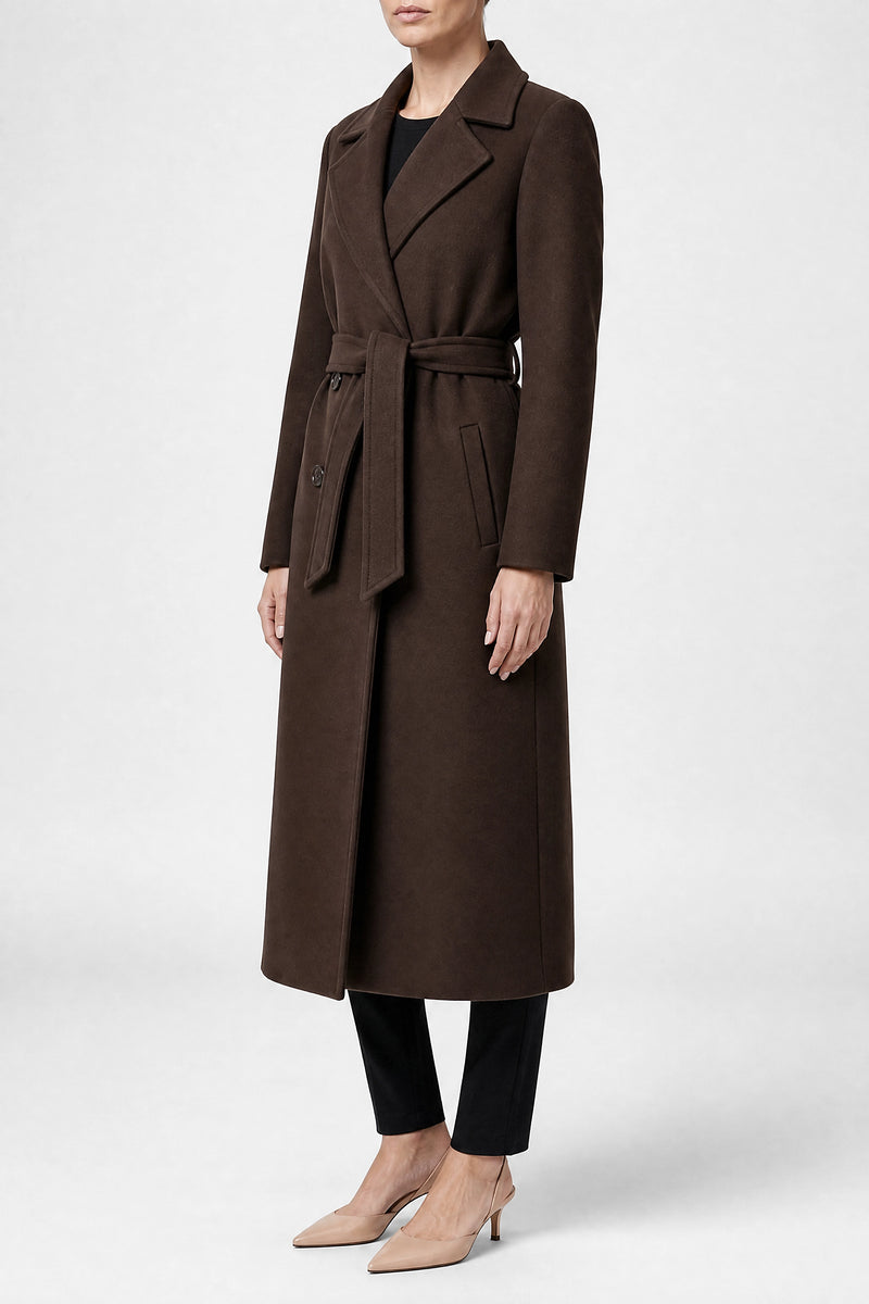 Sofaine Marisol women's double-breasted coat in Dark Brown, side view