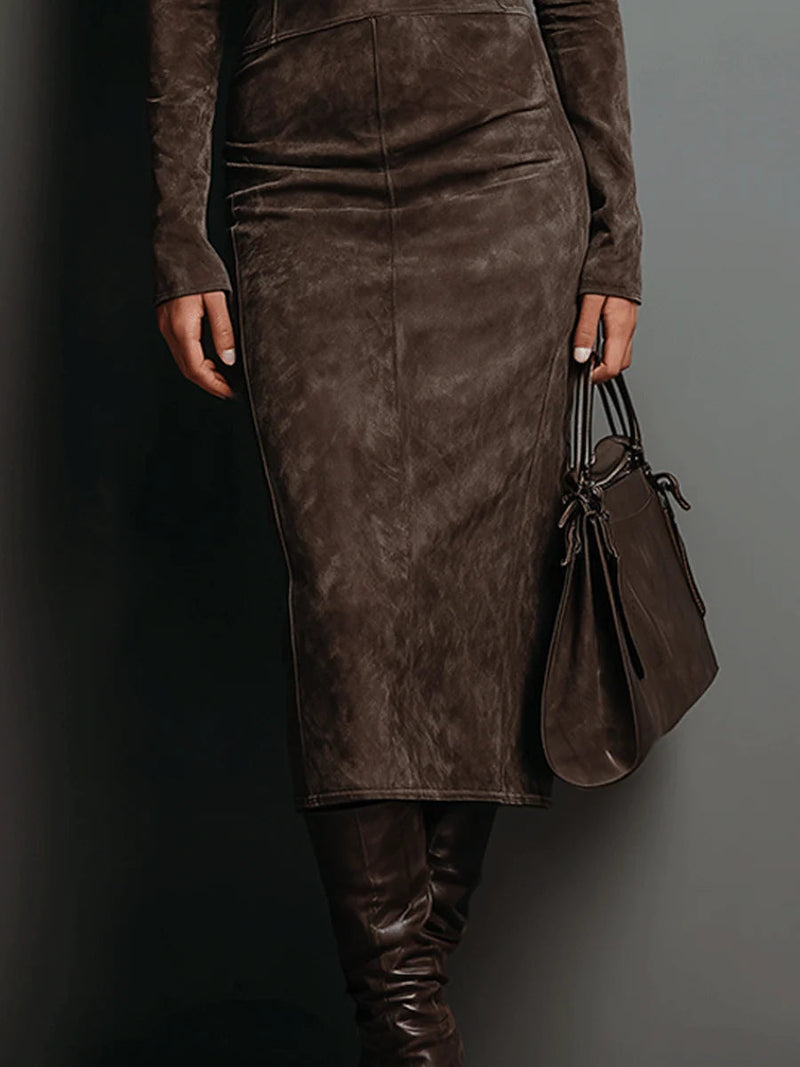 Faux Suede Turtleneck Midi Dress for Women with Long Sleeves in Coffee, skirt detail