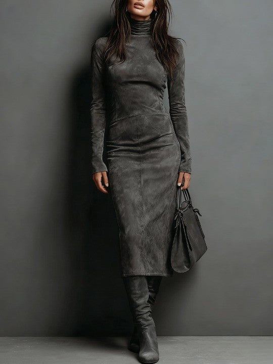 Faux Suede Turtleneck Midi Dress for Women with Long Sleeves in Dark Gray, front view