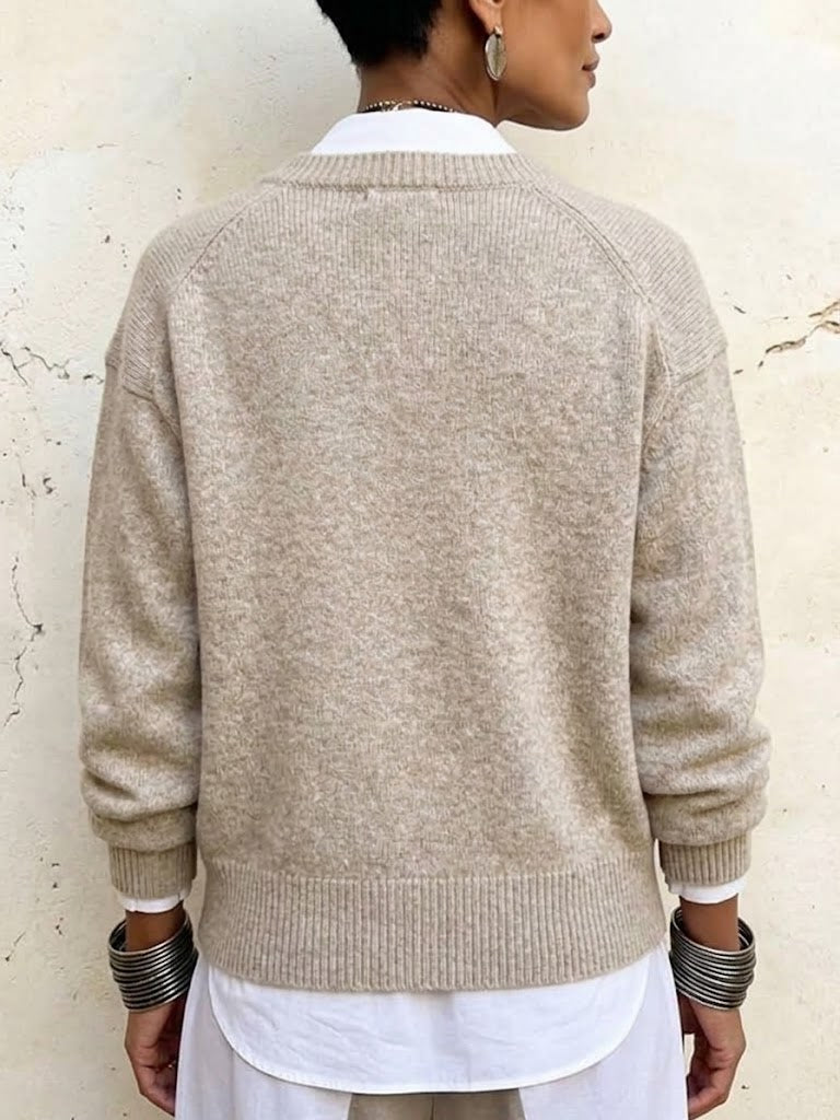 Asymmetrical Button Cardigan for Women with Crew Neck and Raglan Sleeves in Beige, back view