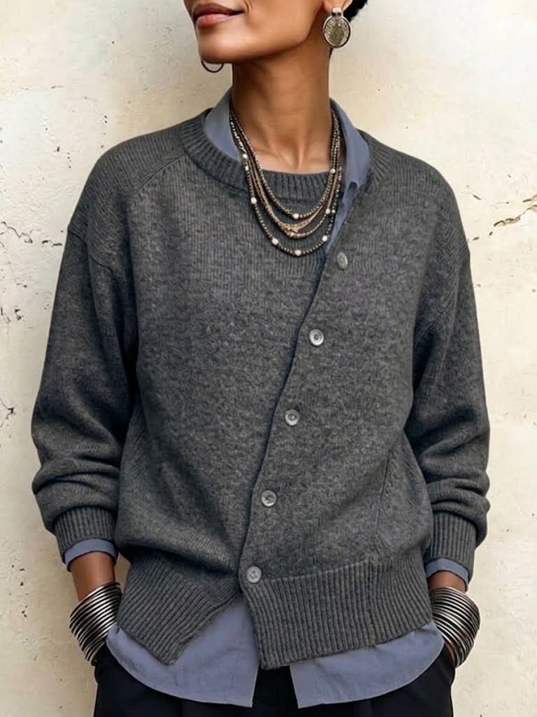 Asymmetrical Button Cardigan for Women with Crew Neck and Raglan Sleeves in Gray, front view