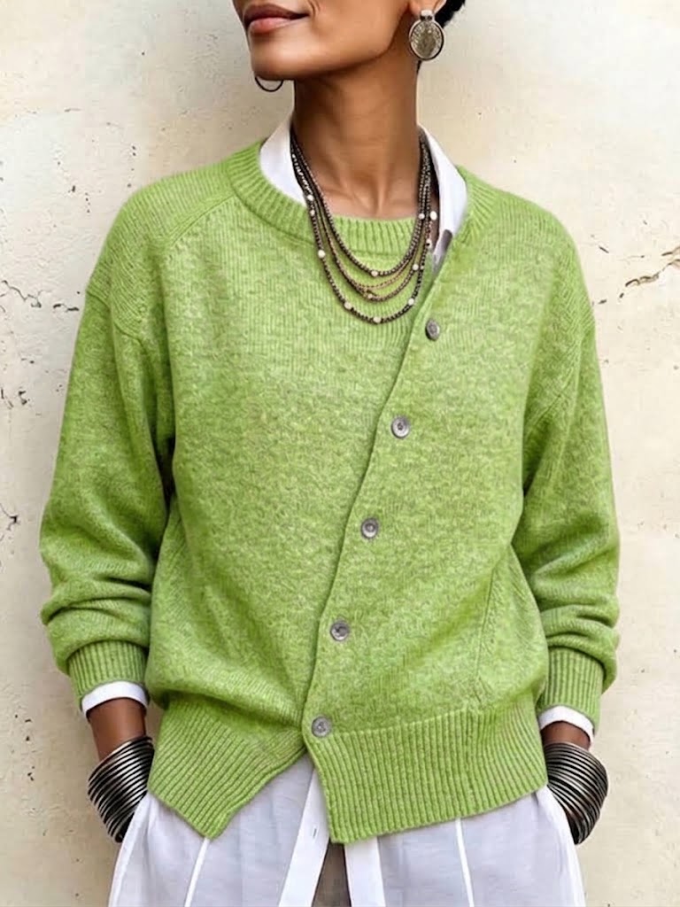 Asymmetrical Button Cardigan for Women with Crew Neck and Raglan Sleeves in Green, front view
