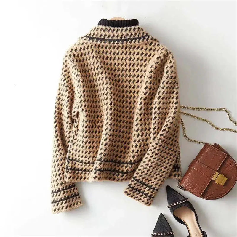 Houndstooth Knit Jacket for Women with Notch Lapel and Contrast Trim in Camel, flat lay back view