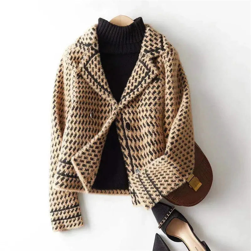 Houndstooth Knit Jacket for Women with Notch Lapel and Contrast Trim in Camel, flat lay front view