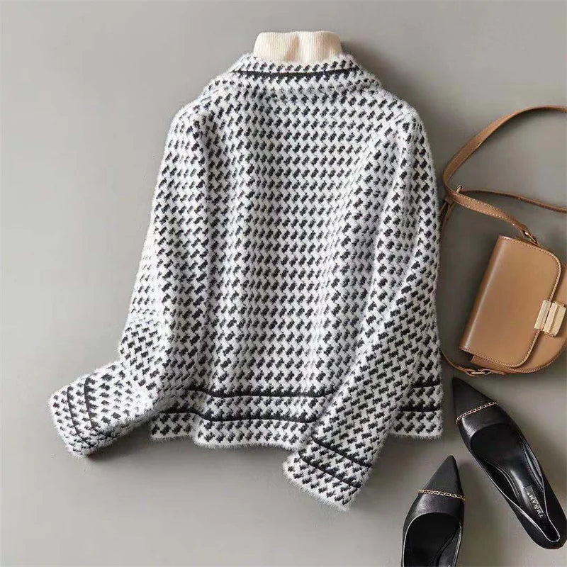 Houndstooth Knit Jacket for Women with Notch Lapel and Contrast Trim in White, flat lay back view