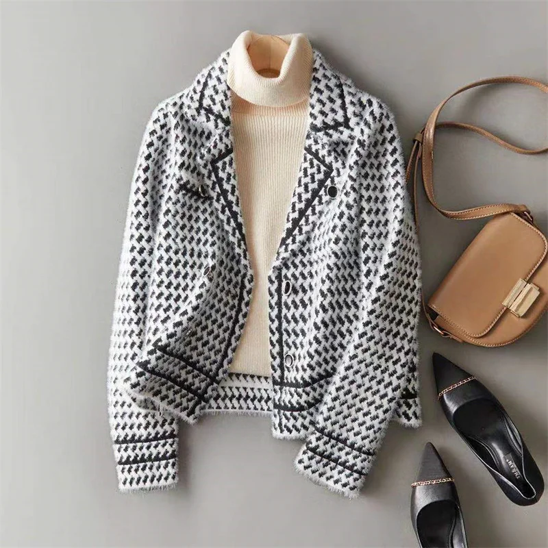 Houndstooth Knit Jacket for Women with Notch Lapel and Contrast Trim in White, flat lay front view