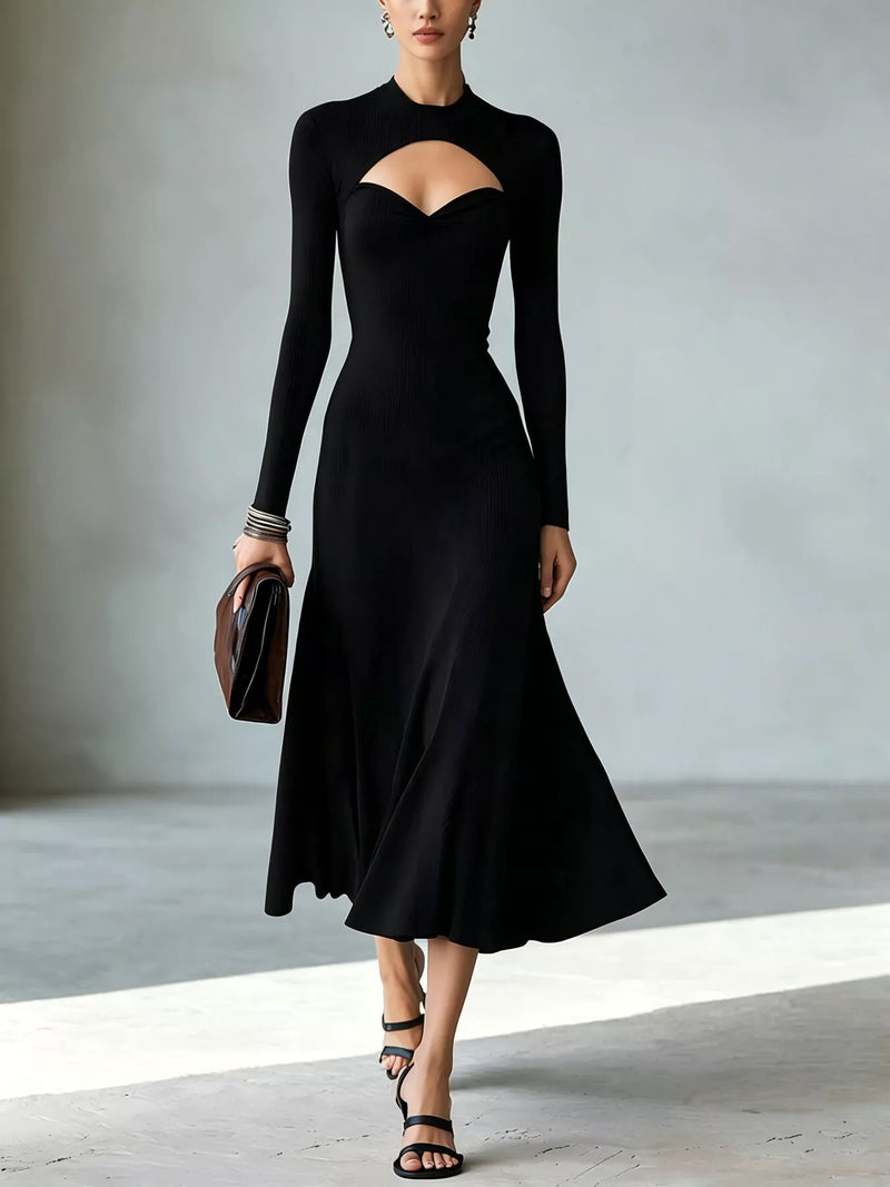 Cut Out Long Sleeve Midi Dress for Women with Mock Neck and Flared Skirt in Black, front view