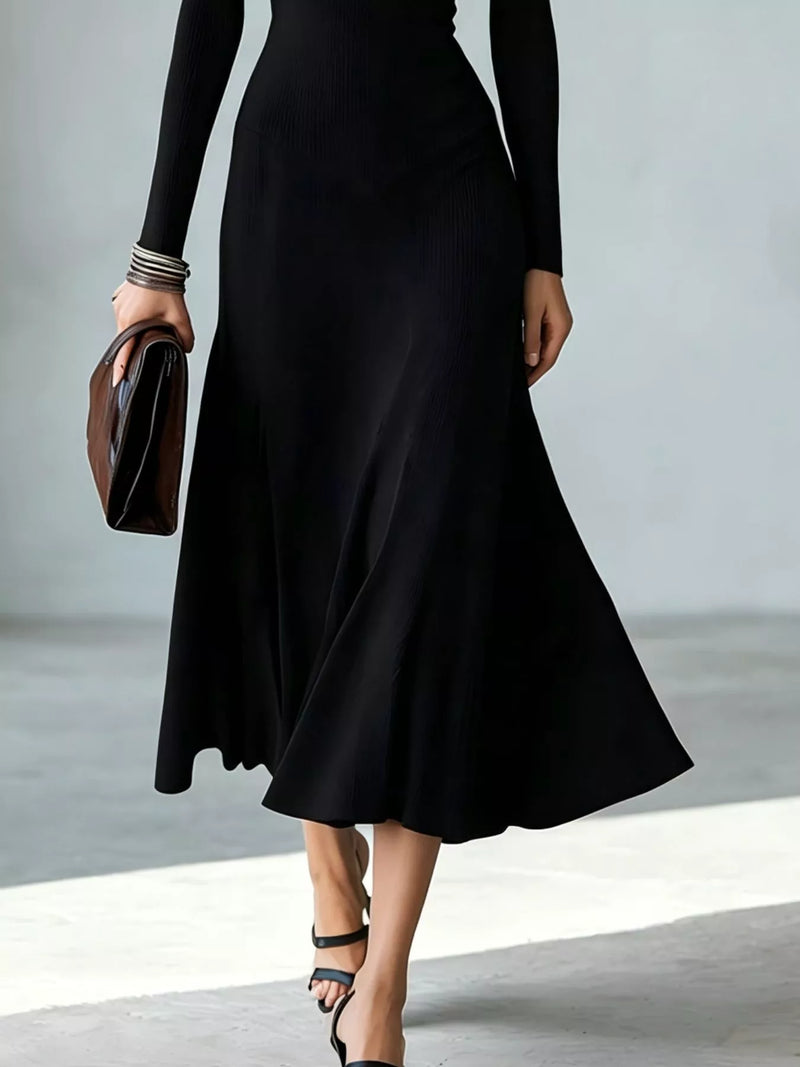 Cut Out Long Sleeve Midi Dress for Women with Mock Neck and Flared Skirt in Black, skirt detail