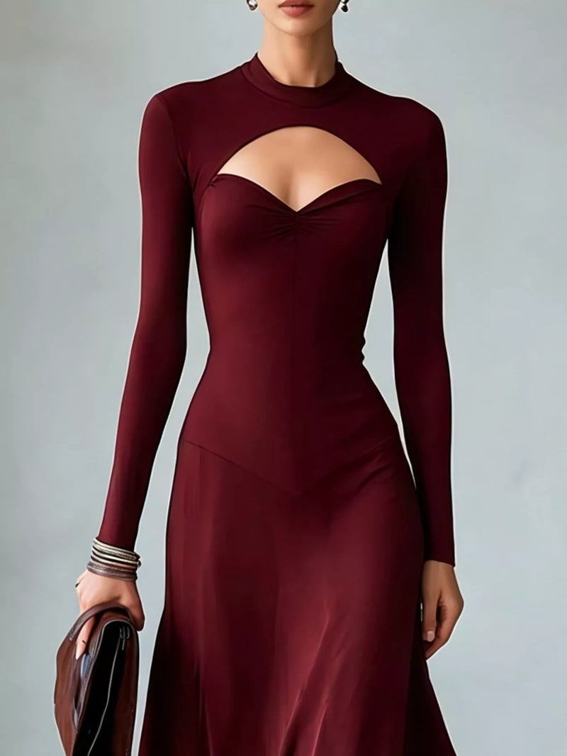 Cut Out Long Sleeve Midi Dress for Women with Mock Neck and Flared Skirt in Burgundy, close-up
