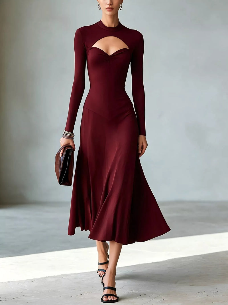 Cut Out Long Sleeve Midi Dress for Women with Mock Neck and Flared Skirt in Burgundy, front view