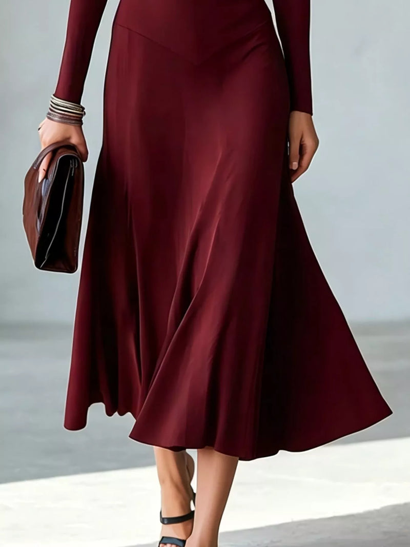 Cut Out Long Sleeve Midi Dress for Women with Mock Neck and Flared Skirt in Burgundy, skirt detail