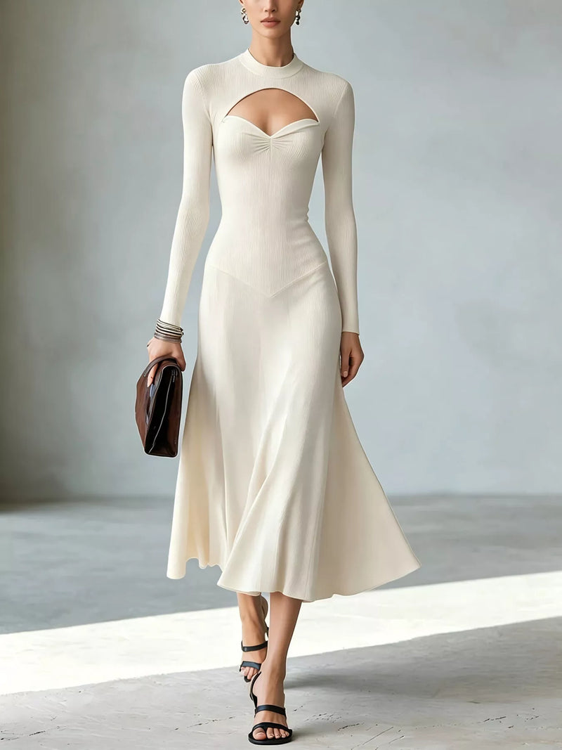 Cut Out Long Sleeve Midi Dress for Women with Mock Neck and Flared Skirt in Cream, front view