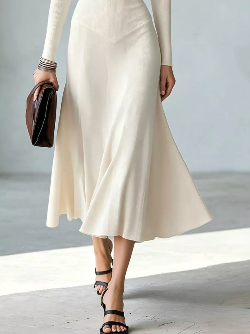 Cut Out Long Sleeve Midi Dress for Women with Mock Neck and Flared Skirt in Cream, skirt detail