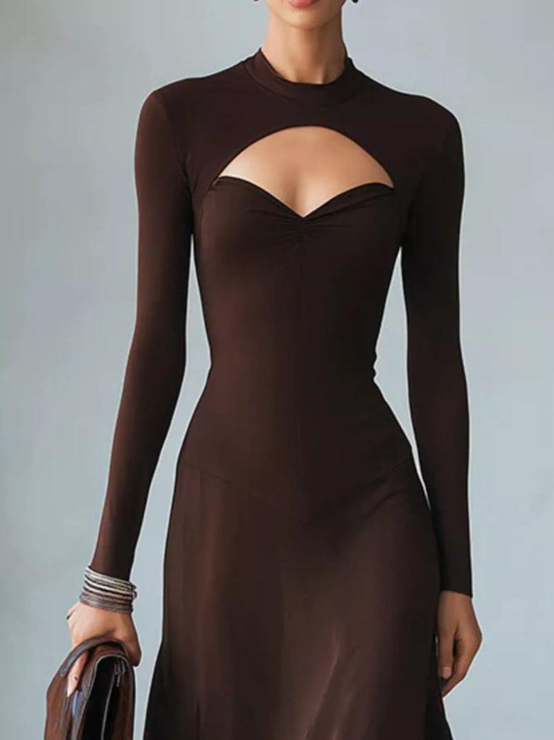 Cut Out Long Sleeve Midi Dress for Women with Mock Neck and Flared Skirt in Dark Brown, close-up